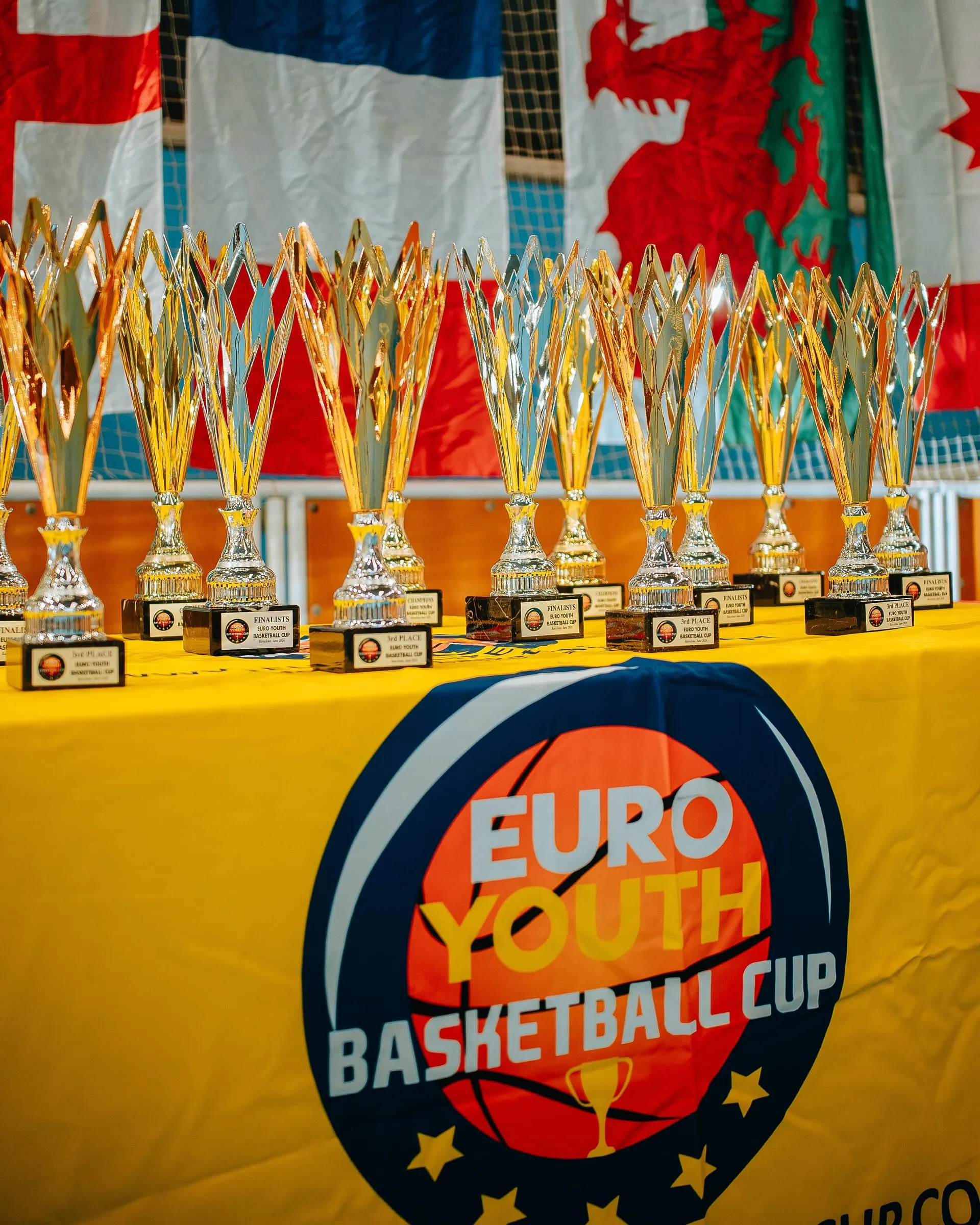 Filas de trofeos dispuestos bajo las banderas de los países participantes