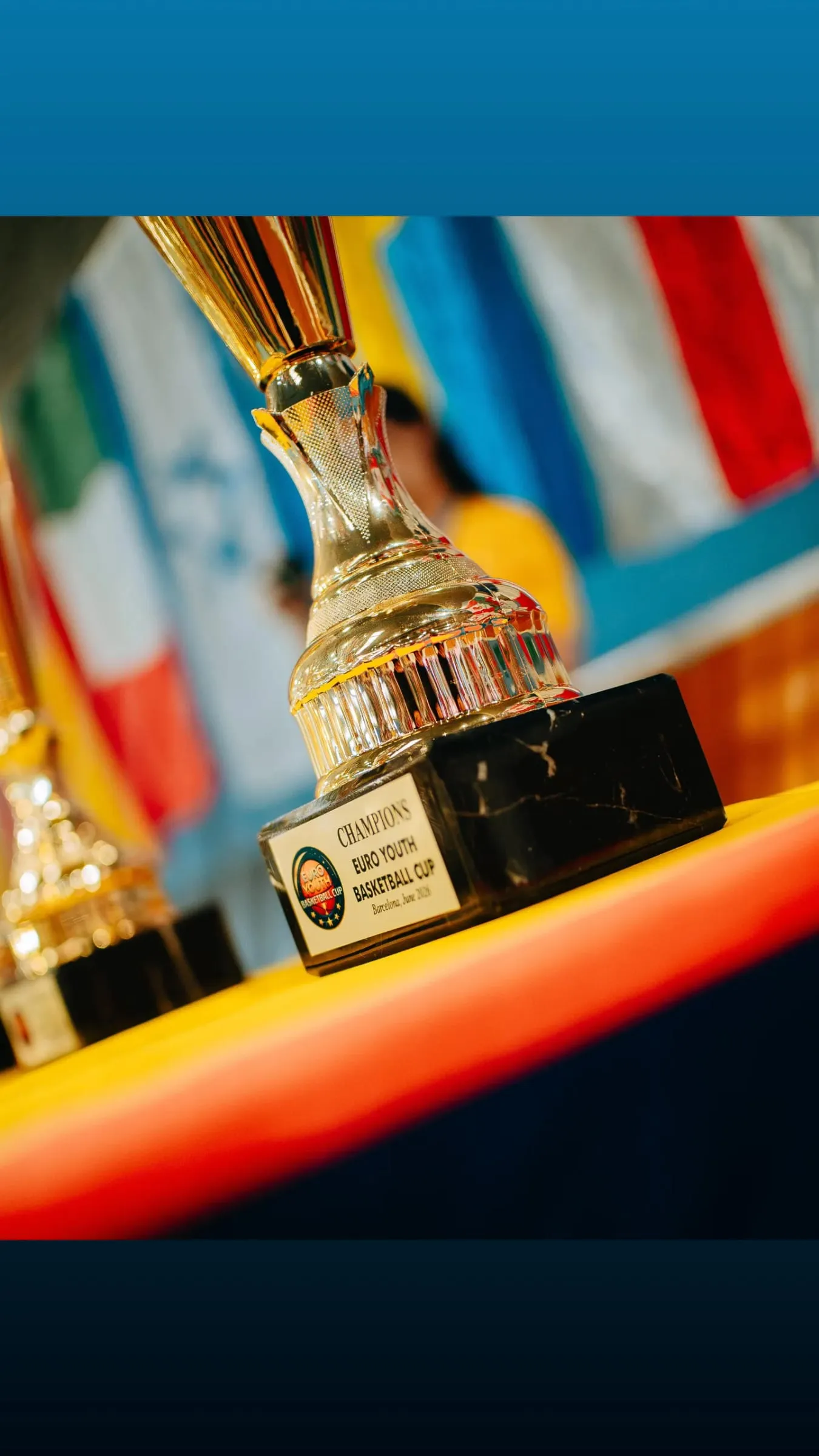 The champions' trophy on the table, national flags behind it