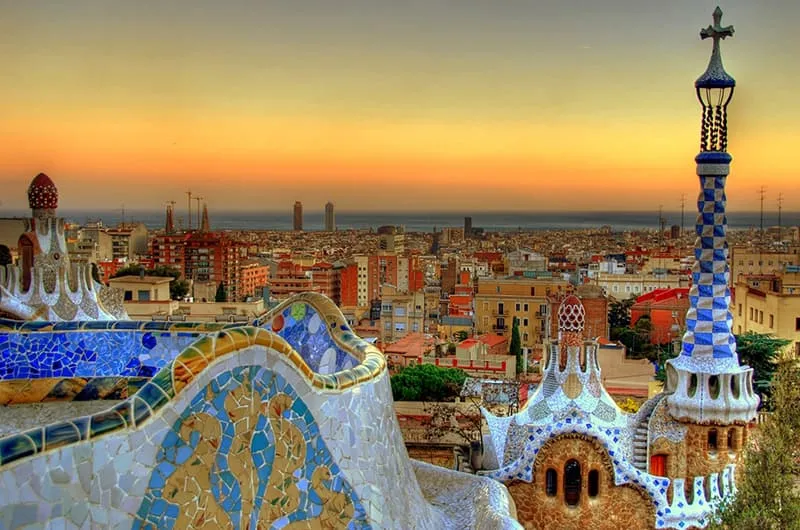 The mosaic terrace at Park Güell overlooking Barcelona